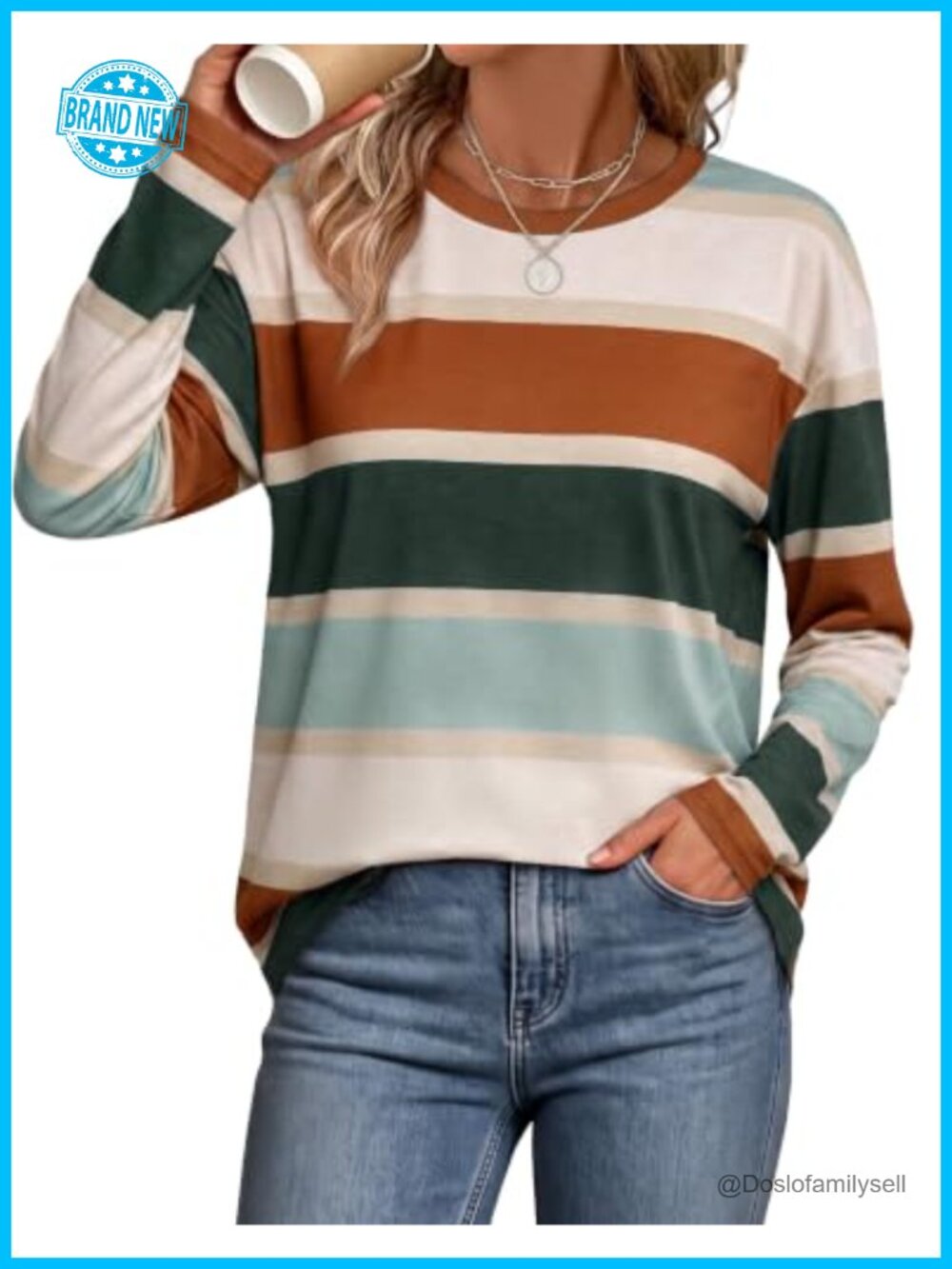 WIHOLL Oversized Striped Long Sleeve Crew Neck T-Shirt Top